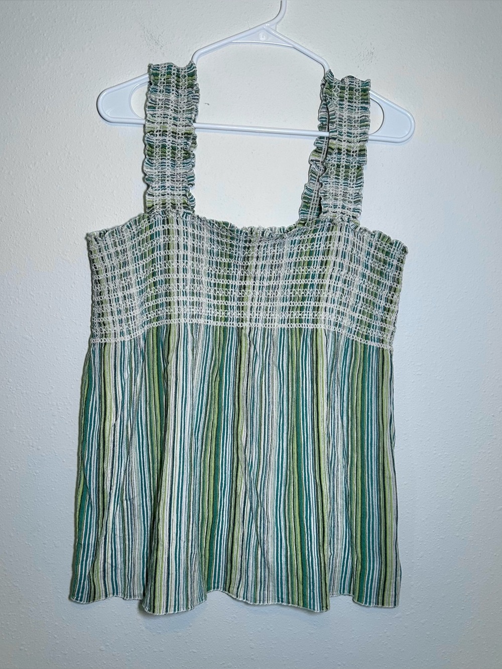 Women’s Smocked Bodice Babydoll Tank Top Sz L Green Boho Beach Vacation Cotton